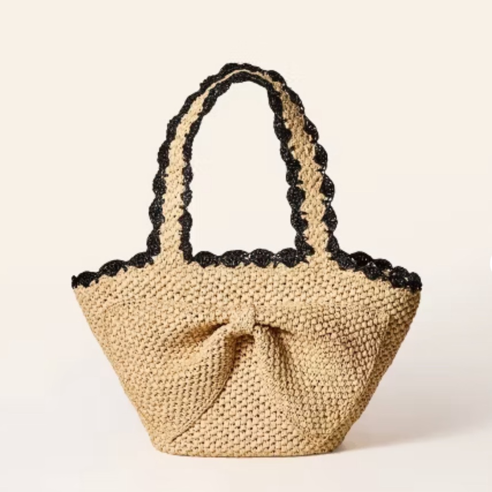 KATE SPADE x Target Raffia Bow Tote Bag Natural with Black Scalloped Trim NWT
